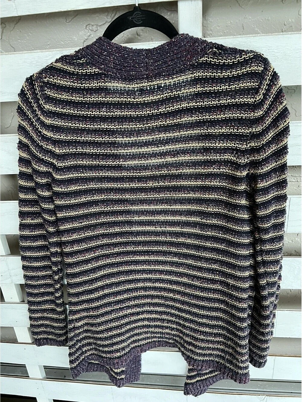 Lucky Brand Striped Pockets Long Cardigan Sweater  Purple Cream Size M.